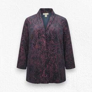 Y2K Notations Black Red Glitter Swirl Velvet Open Front Blazer Jacket Size 1X